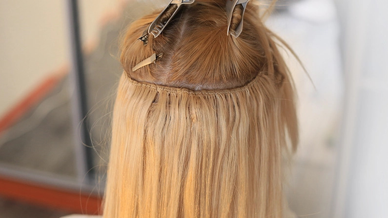 Hair is sewn on a pigtail, hair extensions, blond, blonde, white, strand, tracks